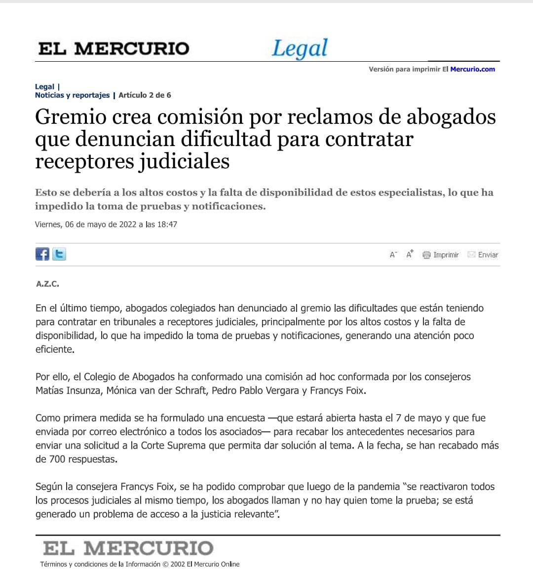 Colegio de Abogados crea comisión para dar solución a los problemas de contratación de receptores judiciales. Dentro de las principales medidas se realizó una encuesta, para recabar antecedentes con el objetivo de informar sus resultados a la Corte Suprema.