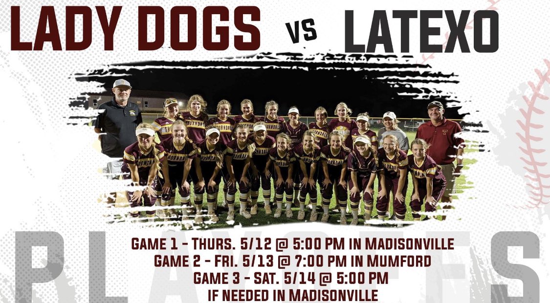 DogsThorndale's tweet photo. 🚨🥎🚨ROUND THREE🚨🥎🚨
The Lady Dogs will travel to a familiar spot In Madisonville on Thursday to start things off against Latexo at 5pm. Then look to wrap things up on Friday in Mumford at 7pm. Come Support These Ladies!!#LadyDogsSoftball #RoadToAustin https://t.co/CaSZrUOj2z
