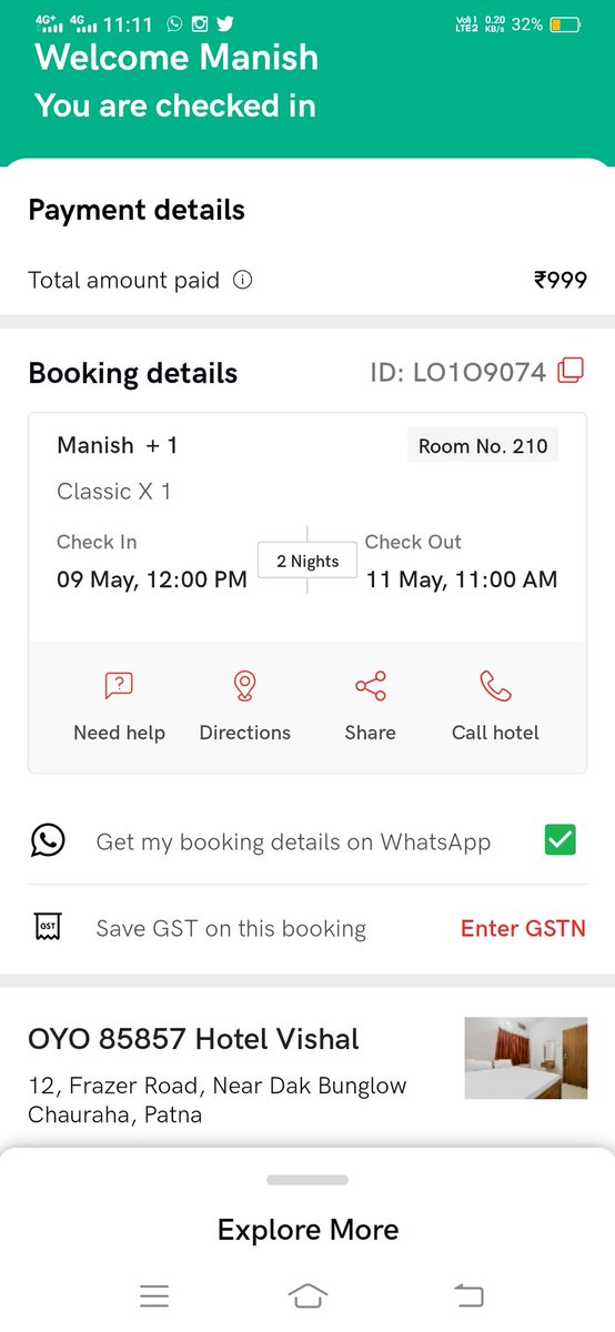 ManishS33361102's tweet photo. @riteshagar 
@oyorooms 
today hotel Vishal Patna 858557 booking I'd - LO1O9074 but hotel humse extra Paisa mang rahe hai 1400 jbki hum Oyo se 999 payment karke room liye h.. customer care hamara kuch support nhi kar rahe hai. Isse OYO K NAAM KHARAB HO RAHA HAI... https://t.co/7vxE7qBI4D