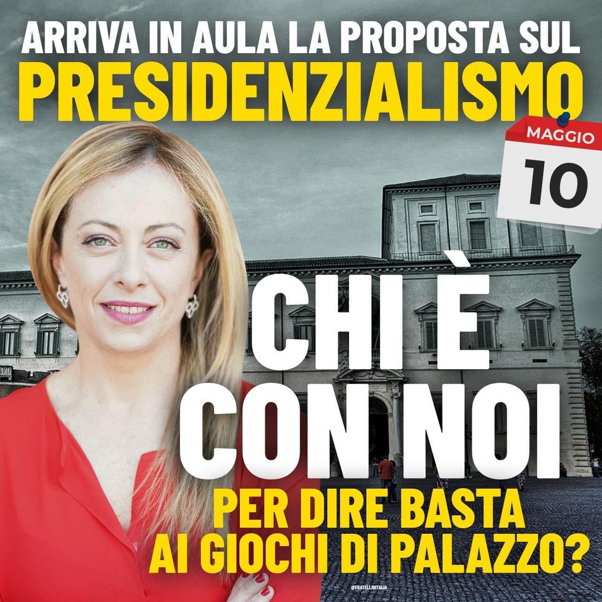 GiorgiaMeloni's tweet photo. Domani alla Camera si voterà la mia proposta di legge sul #presidenzialismo. È il momento di dire basta ai giochi di palazzo: siano gli italiani a scegliere il prossimo Presidente della Repubblica. Vedremo quanti in Aula avranno il coraggio di sostenerla. Non ci sono più scuse. https://t.co/rh1FaiKePY