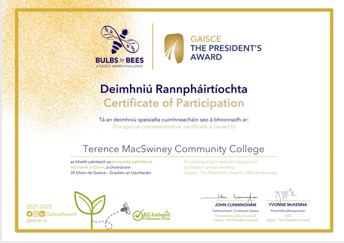 MacswineyCc's tweet photo. Our lovely flowers are still blooming from the bulbs we received from Gaisce.. and we just received a certificate acknowledging our efforts @gaisceaward #bulbsforbees https://t.co/XNvG3Gfnqe
