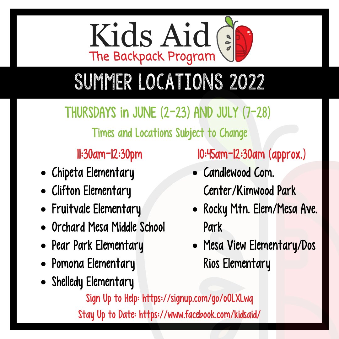 Kids Aid is excited to provide weekend meals for children 0-18 yrs old. Call 970-712-2847 or email info@kidsaidcolorado.org with any questions. Follow us on social media to stay up to date with our locations and times.