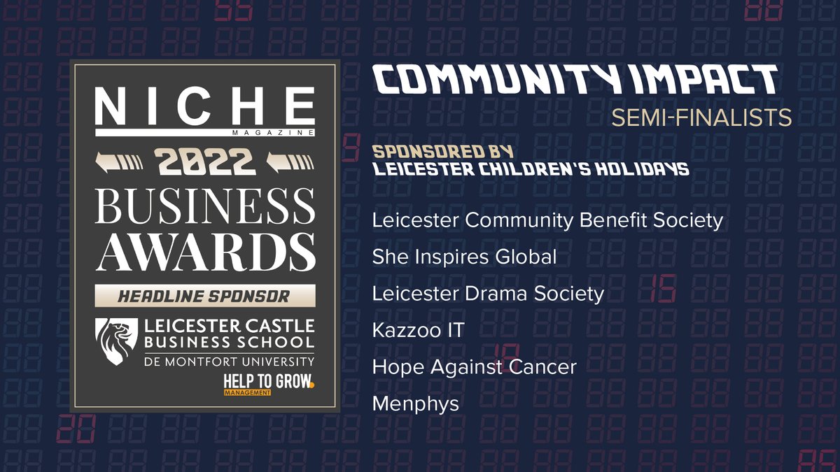 Introducing the Community Impact semi-finalists for the Niche Business Awards 2022… Leicester Community Benefit Society She Inspires Global Leicester Drama Society Kazzoo IT Hope Against Cancer Menphys Thank you to Leicester Children's Holidays for sponsoring this category.