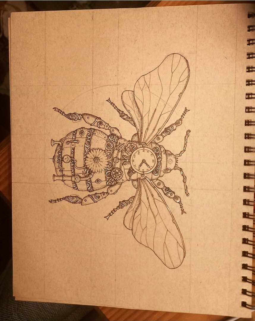 SamDeaconArt's tweet photo. Mor progress with the ink illustration of a steampunk bee. The latest addition to the #mechanimals series by Sam Deacon Art. #steampunk #bees https://t.co/TehKqmYoW8