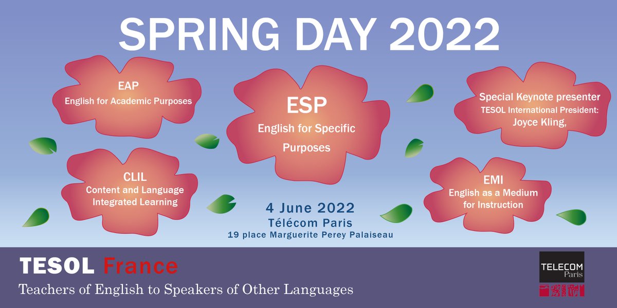 Do you work in higher ed? Or maybe international / European sections of high school? 🏫
Then check out our Spring Day workshops!
Register here: forms.gle/nGgCtjSG478x7k…
Keynote = Joyce Kling <a href="/TESOL_Assn/">TESOL Intl Assn</a> 
Open to members &amp; non members 👋
See you on 4 June!