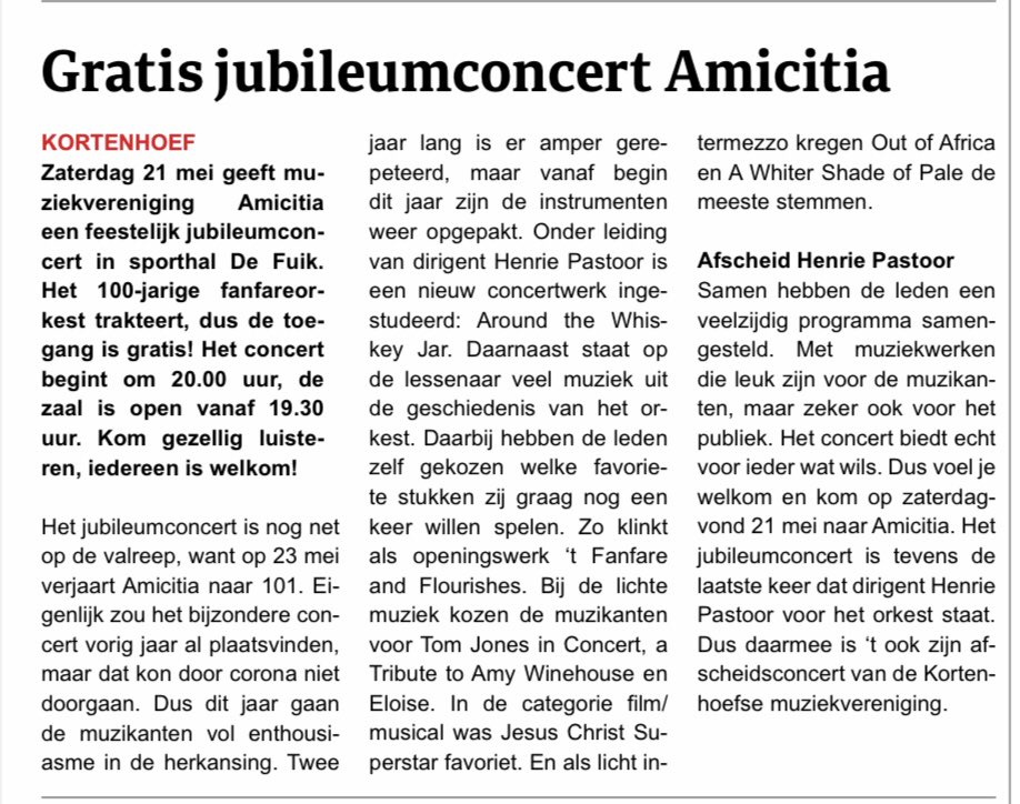 Deze week in ‘t Weekblad Wijdemeren: gratis jubileumconcert Amicitia op 21 mei in De Fuik!