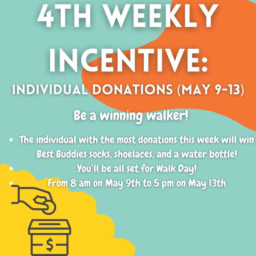 fhs_bestbuddies's tweet photo. Our fourth weekly incentive for the Friendship Walk is here! Be a walking winner by being the individual with the most donations (in our chapter), and you’ll win Best Buddies socks, shoelaces, and a water bottle! ^^ https://t.co/TqUhpnnAbq