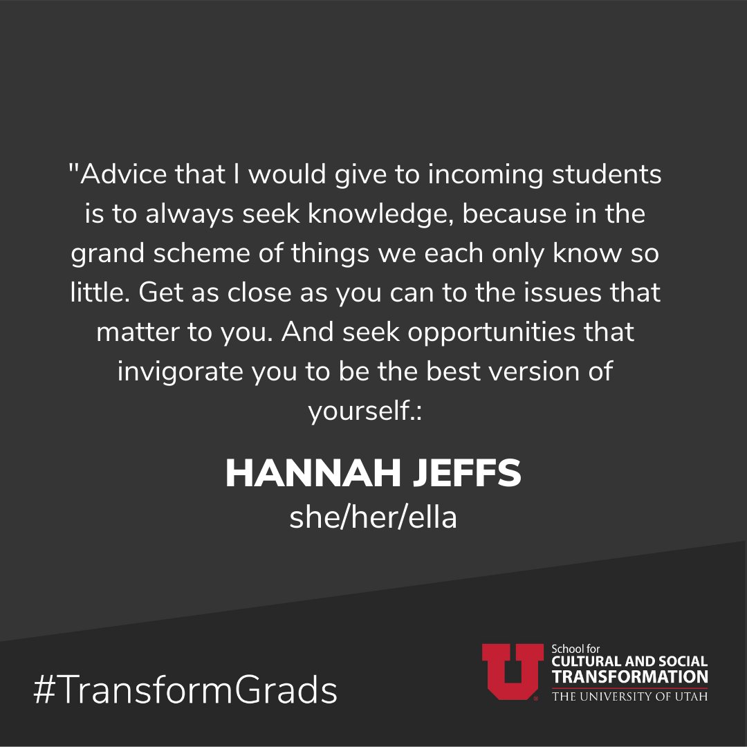 uofutransform's tweet photo. The graduation celebration continues! Say congrats to our very own Hannah Jeffs (she/her/ella) @_hannahxj. Slide for some advice for current and incoming students! #UtahGrad22 #TransformGrads https://t.co/PjumFq86wv