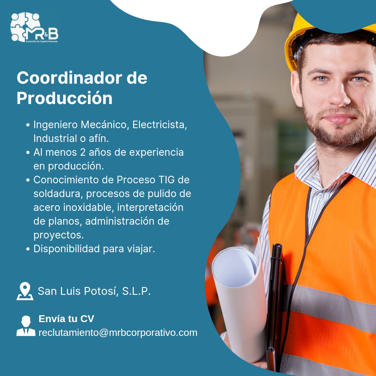 MRBAtraccion's tweet photo. MR&amp;B solicita Coordinador de Producción en #SLP.

Envía tú #CV a reclutamiento@mrbcorporativo.com

#vacantes #empleo #MRB #Reclutamientoyseleccion #Reclutamiento #Headhunting #atracción #talento #interviewjob #hiring #recursoshumanos #capitalhumano https://t.co/8qOSflF7k2