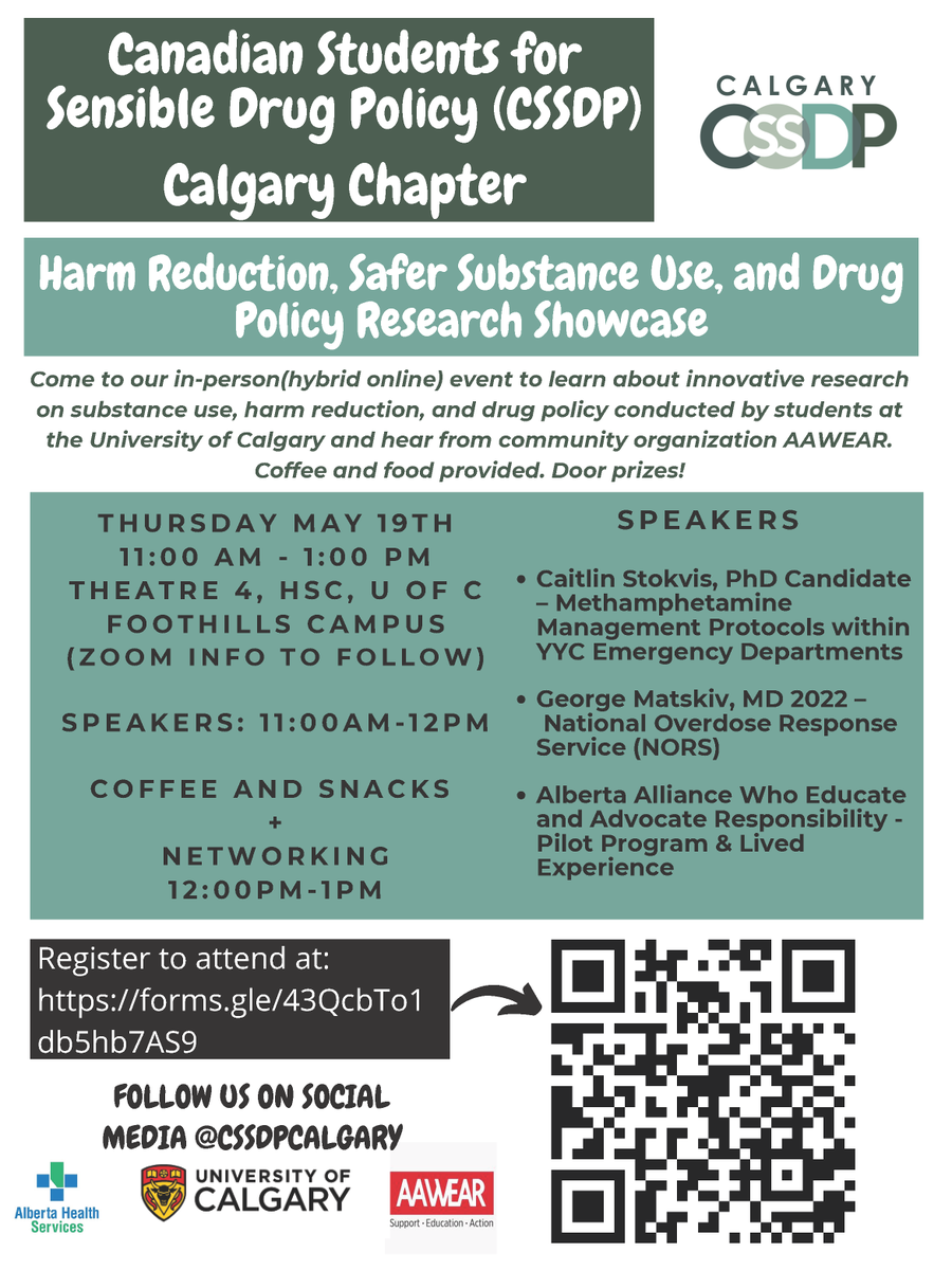 CSSDPCalgary's tweet image. 📣Harm Reduction, Safer Substance Use, and Drug Policy Research Showcase on May 19th at 11AM in HSC on Foothills Campus!! Join to learn from some AMAZING people, including @AAWEAR_!!

Register here: forms.gle/43QcbTo1db5hb7… #HarmReduction