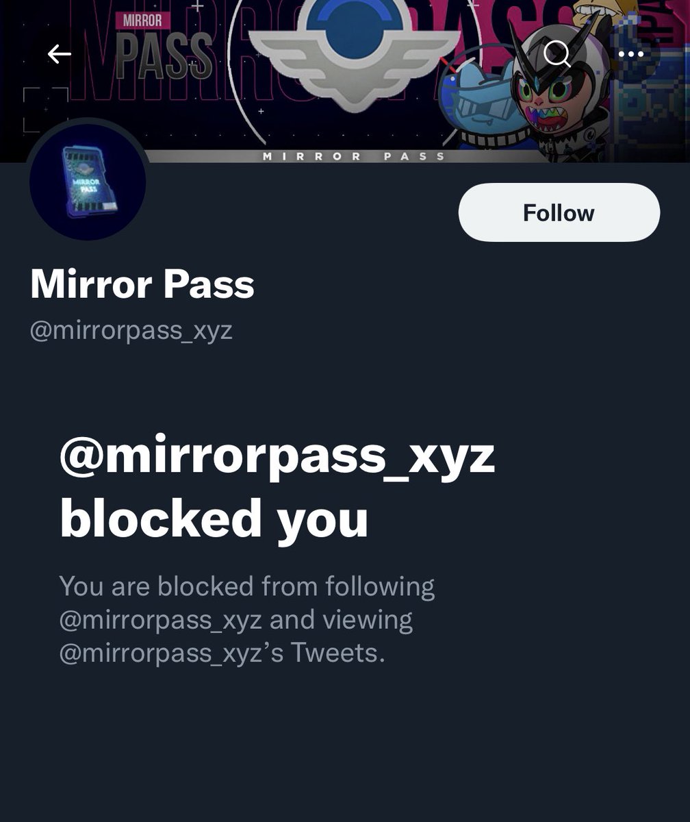 MirrorPassV3's tweet photo. Mirror Pass officially blocked us!😆LFG we’re going to the moon! https://t.co/ihcx0YQmaN