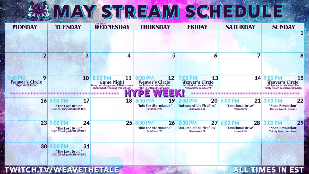 PennyforaTale's tweet photo. Get ready cause it's ✨ #HYPEWEEK ✨ here on Weave! Our new SUMMER SEASON is quickly approaching &amp; to get excited about it, we've got a lot planned. 4 streams of Weaver's Circle to gain insight on our new shows, as well as a Wednesday #GameNight! 

It's gonna be a fun May! #ttrpg https://t.co/KHKjN5uZkl