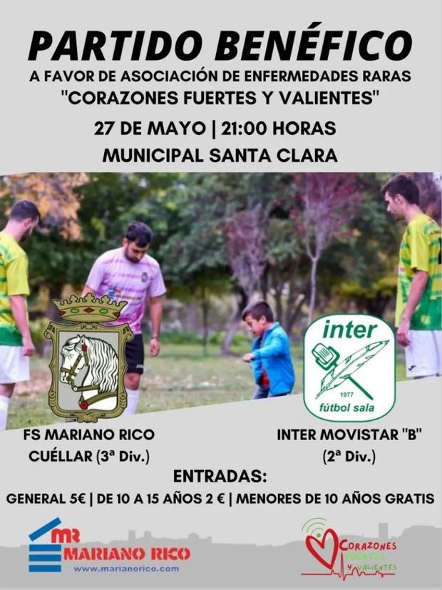FSCuellar's tweet photo. El FS Mariano Rico Cuéllar y el Inter Movistar B se citan en un partido benéfico a favor de la Asociación de Enfermedades Raras "Corazones Fuertes y Valientes".

Tendrá lugar a las 21:00 horas y en el que además al finalizar habrá una rifa con gran variedad de productos.💪🏻💚 https://t.co/JIYuEWXCSx