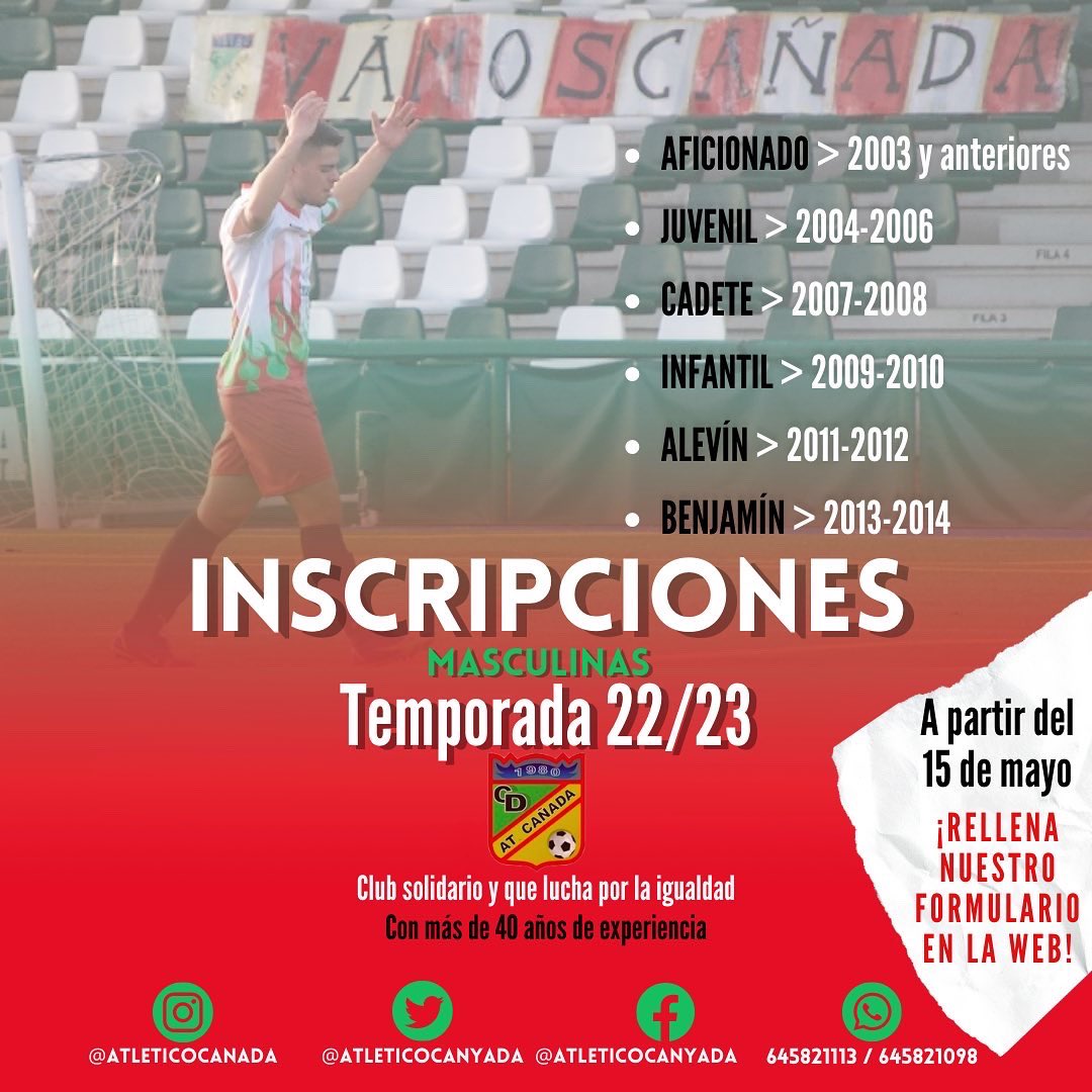 atleticocanyada's tweet photo. INSCRIPCIONES 📝No lo pienses más,jugador,la TEMPORADA 22/23… ❤️‍🔥¡Dale CAÑA y únete al CAÑADA!

🗓A partir del 15 DE MAYO rellena nuestro FORMULARIO➡️https://t.co/LLoON2Jhnn

Fomentamos el deporte desde el RESPETO,el fair-play y el compañerismo⚽️La FORMACIÓN es nuestro objetivo https://t.co/bO3dOnoEHh