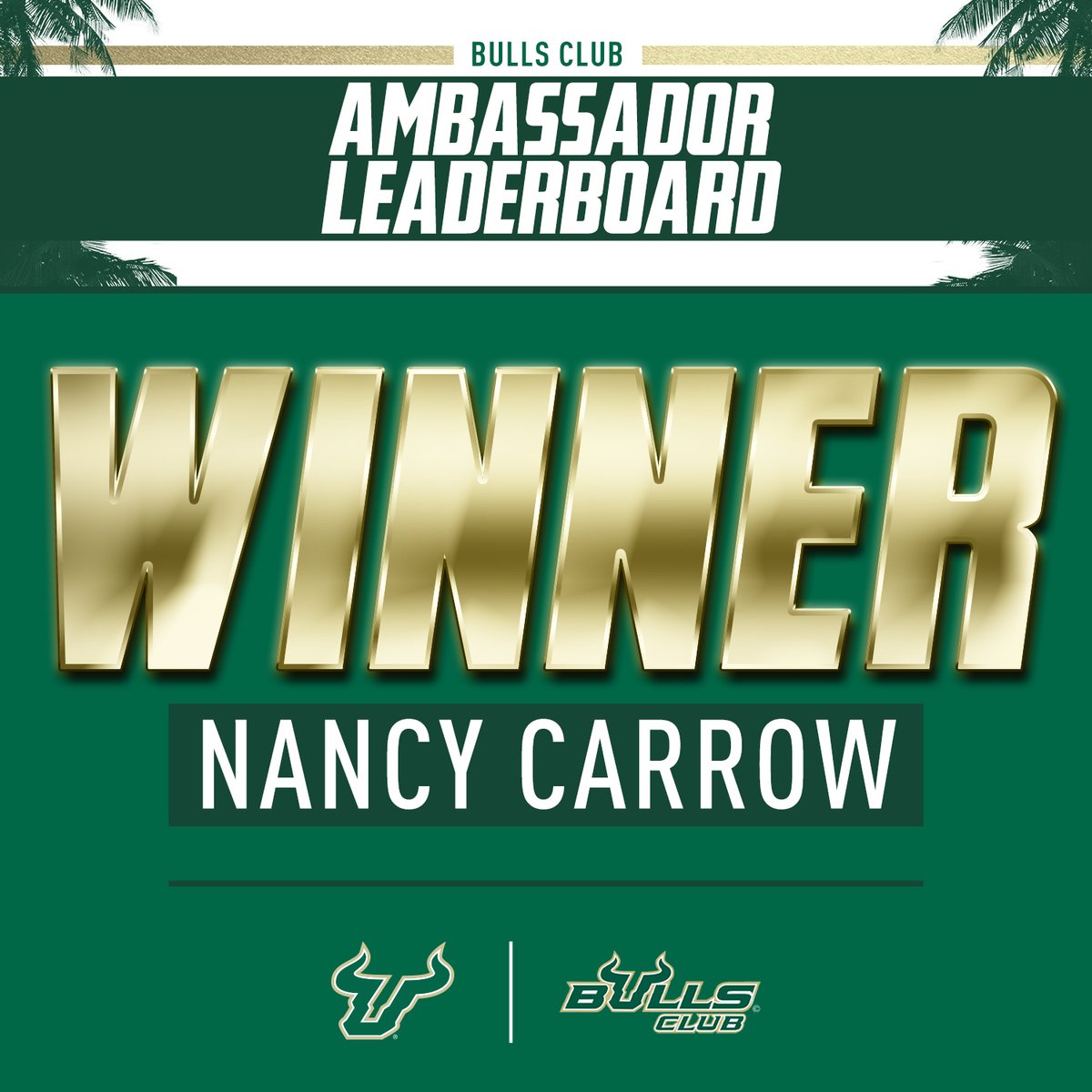 USFBullsClub's tweet photo. Thank you to those who participated &amp; helped with our Ambassador Program! We want to share with you the results of the program &amp; congratulate our winner: Nancy Carrow.  Thank you, @NancyCarrow, for your continued support &amp; for being a great ambassador for USF Athletics! Go Bulls! https://t.co/HF5mCaA46y