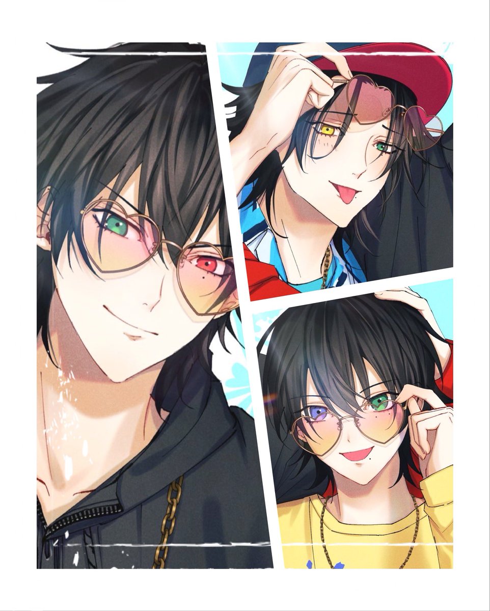 heterochromia tongue green eyes multiple boys male focus black hair tongue out  illustration images