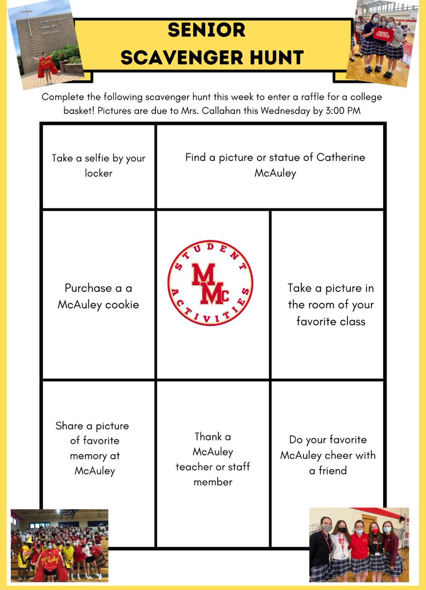 Seniors... make sure to check out this senior scavenger hunt. All who fill out this hunt and sent to Mrs.Callahan by Wednesday 3:00 gets placed in a raffle.