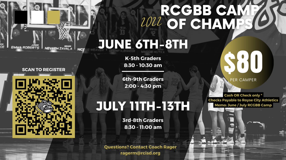 Start your summer off right with RCGBB @ the 2022 Camp of Champs! 🏀🏆 Scan the QR code or register directly -  bit.ly/3M0WzVs

 📆: June 6th-8th OR July 11th-13th
📍: RCHS Gyms 
💲: $80 (cash // check) 
❔: Email @Coach_Rager 
                  💻: ragerm@rcisd.org