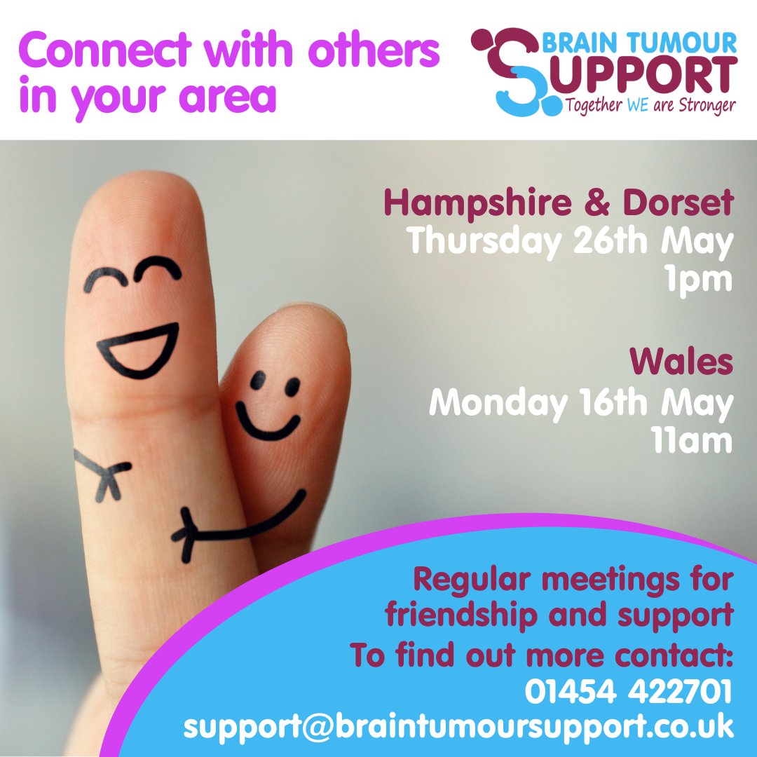 BrainTumourSupp's tweet photo. Our next dates for regional friendship groups in Hampshire &amp; Dorset and Wales.

⁠Please call 01454 422701 or email support@braintumoursupport.co.uk.⁠
⁠
#TogetherWeAreStronger #braintumoursupport #braintumour #braincancer  #SupportToday #online support https://t.co/kVUmXKlhq9