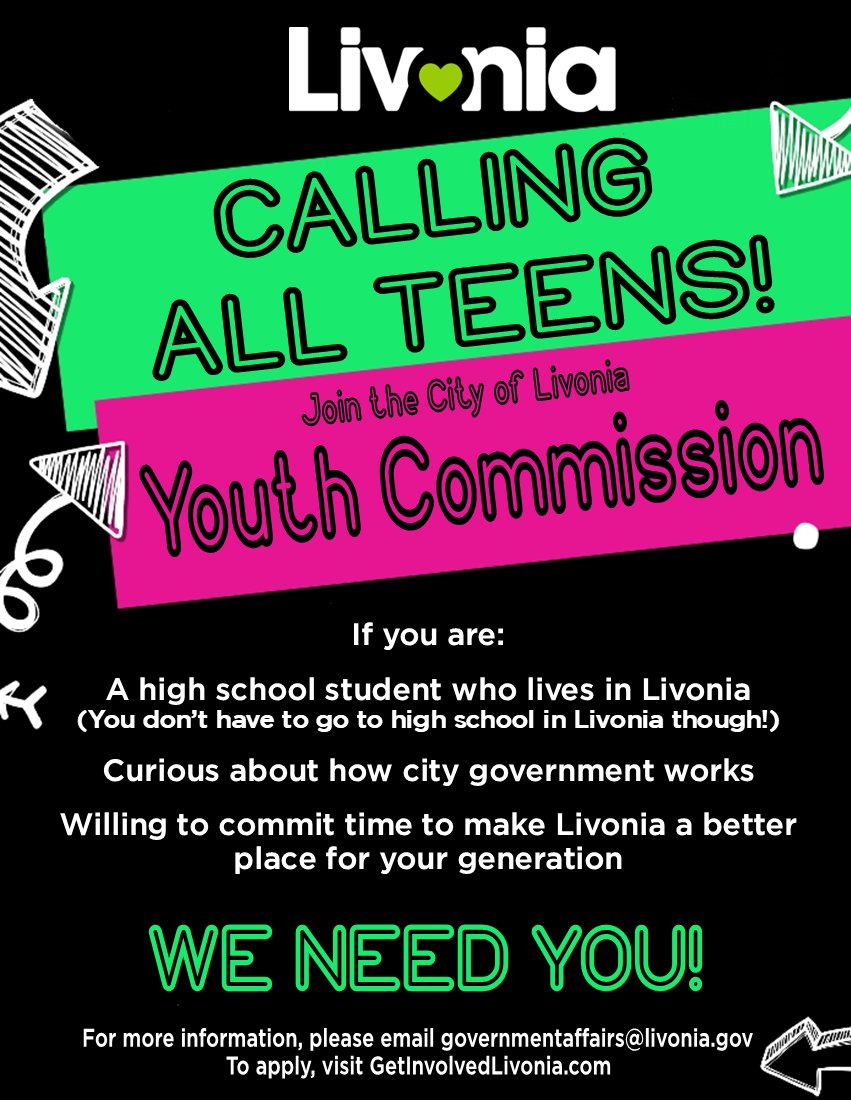 MiLivonia's tweet photo. City of Livonia Youth Commission needs teens! Are you:
- high school student who lives in Livonia (You don’t have to go to high school in Livonia)
- curious about city government 
- committed to making Livonia a better place
Apply: https://t.co/KxiR4iQw74 https://t.co/Wf7pqYFgrC