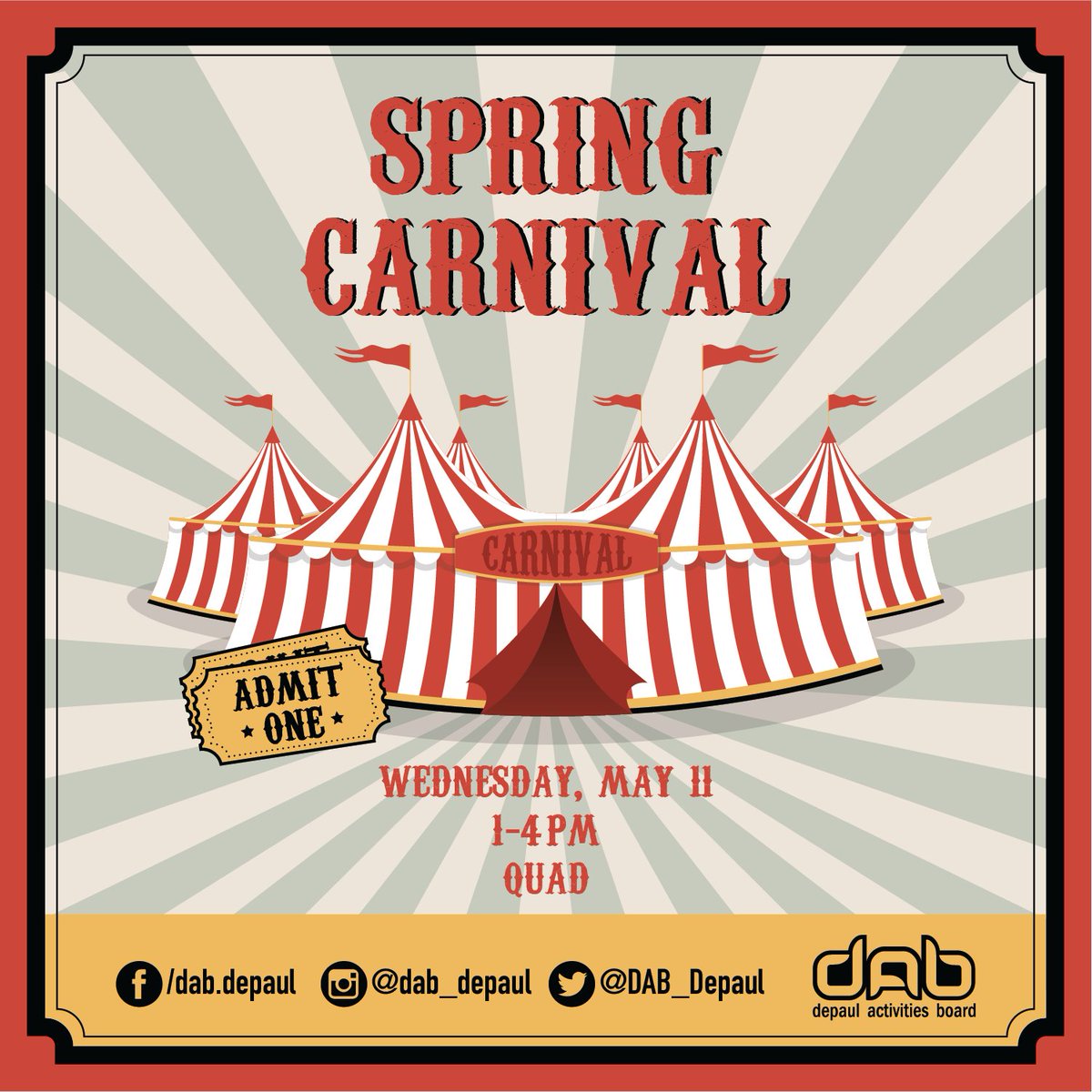 Come one, come all to the DAB spring carnival! Tons of fun activities, games, and carnival themed food! You don’t want to miss this event! 

🎡✨🎡✨🎡✨🎡✨🎡✨🎡

#depaulactivitiesboard #dabspringevents #depauluniversity #depaul #campuslife #campusactivities