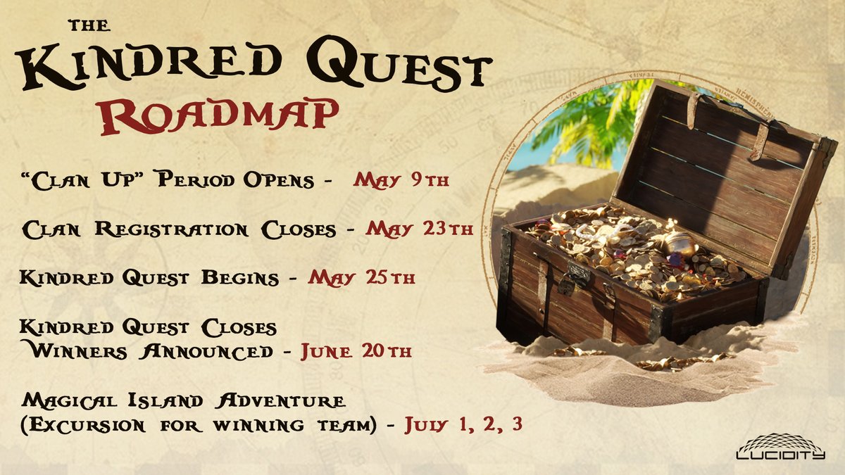 Our Kindred Quest Treasure Hunt is gearing up. 

If you want to play, you just need to hold a Lucid Multiverse NFT (Get one here: magiceden.io/marketplace/lu…)

And then hop into our discord to join a team and read the full rules! 🏴‍☠️