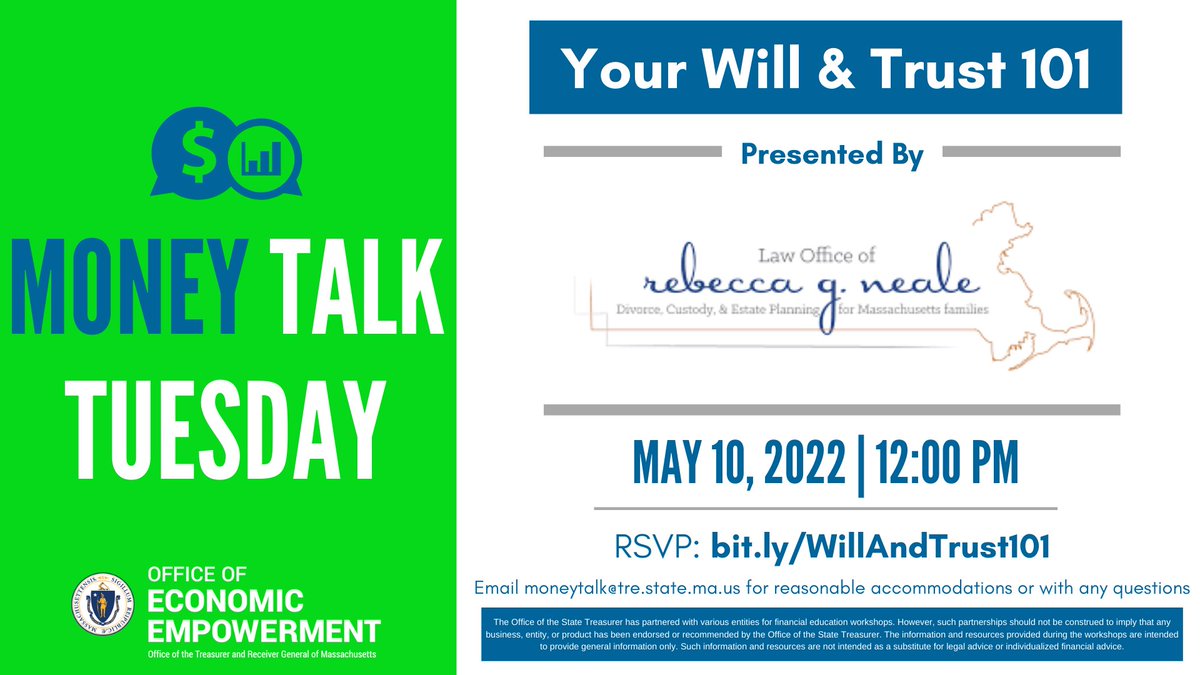 EmpowermentMA's tweet photo. Our next Money Talk Tuesday is tomorrow!
Join us for a discussion with Attorney @BFLawyer about everything you need to know about estate planning and navigating your wills and trusts.
Register for free: https://t.co/uP5oh7PxRk https://t.co/GVLmSEPC6c