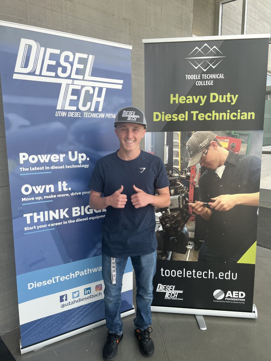 utahdieseltech's tweet photo. Trevor T. is killin' it in the Diesel program at Tooele Tech. Congratulations on completing the brakes portions of your training. Hats off, or on, to you for earning your Utah Diesel Tech Pathway hat. Way to go, Trevor! #utahdieseltechpathways #UTDP #tooeletech https://t.co/3LbGXDdkxk