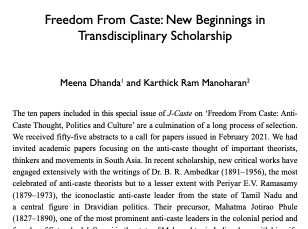 This special issue in J-CASTE edited and introduced by <a href="/DhandaMeena/">Meena Dhanda</a> &amp; <a href="/KRManoharan/">Karthick Ram Manoharan</a>, "Freedom  From  Caste: Anti-Caste Thought, Politics and Culture," is a must-read!🔥

The issue explores lesser-known anti-caste thinkers and historical movements. Intro👇🏽

journals.library.brandeis.edu/index.php/cast…