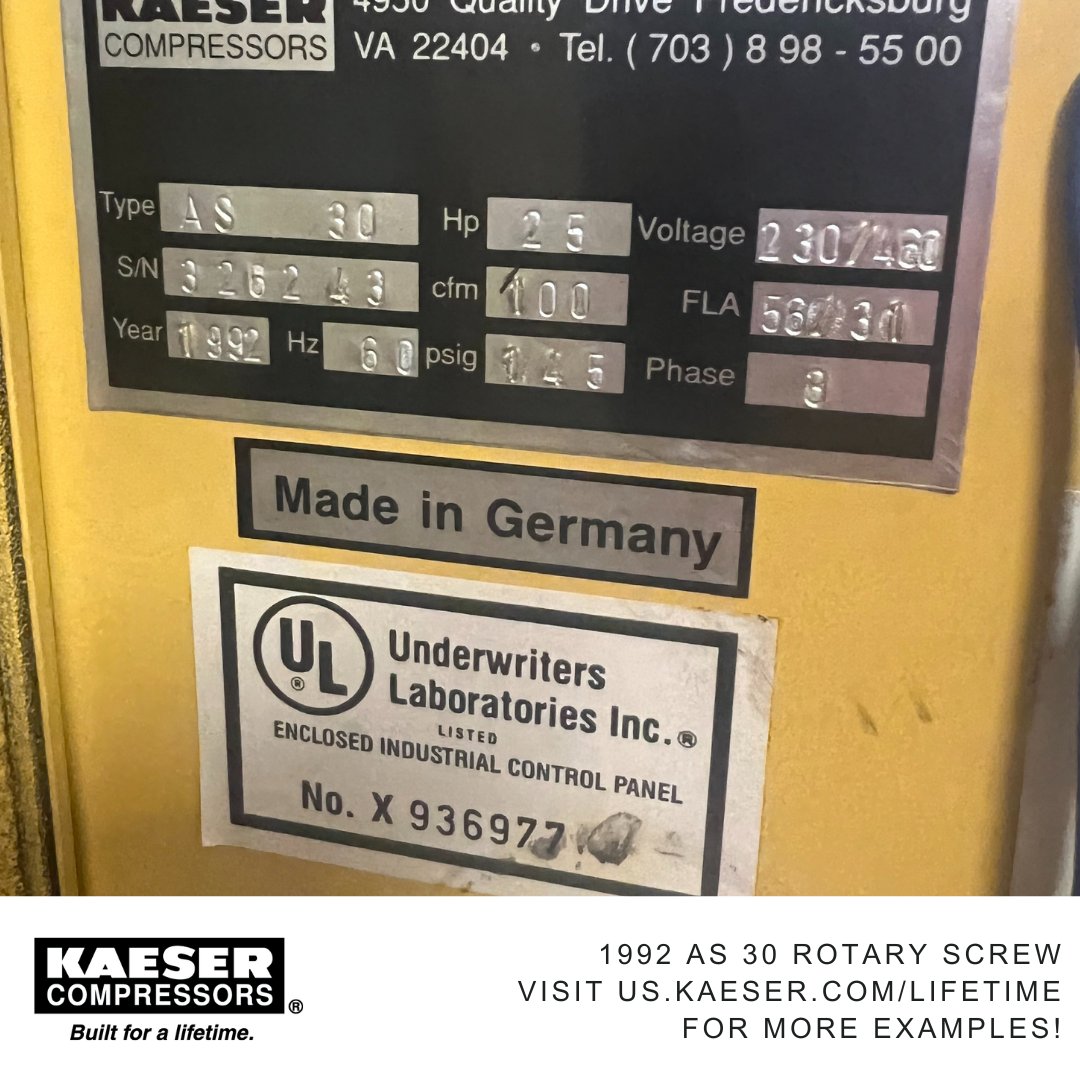 KaeserUSA's tweet photo. Thanks to @ACWusa for these pictures of a 1992 unit. A top quality compressor installed properly + a good maintenance plan = long life & dependability! Find an air system specialist near you: https://t.co/a1ed0rPOj6. #builtforalifetime #screwcompressors https://t.co/iM1qp8hsHf