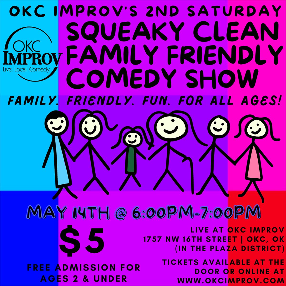 okcimprov's tweet photo. OKC Improv is offering fun for the WHOLE family! We've got our Squeaky Clean Family Friendly Comedy show that'll keep everyone laughing, from Grandparents to kids! Reserve tickets today at https://t.co/ijN9S54CfC! #SqueakyCleanComedy #FamilyNight #PlazaProv https://t.co/GqCfOKgoEq
