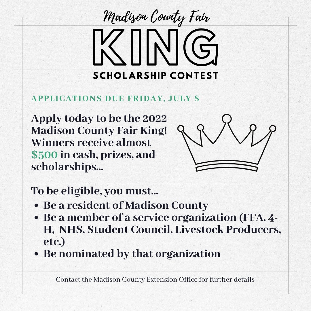 MadCtyIAFair's tweet photo. 📣 Calling youth of Madison County 📣
Interested in a scholarship? Prizes? Fun? 
Information &amp; application available: https://t.co/nUzs6WIp05 
👑🤴🏅🍿😎🐷🐔🐑🐴🐮🐐🦙🐇🐕‍🦺🐈🎈
#MCF2022 #MCFKing2022 #MCFRoyalty https://t.co/4pq6TSlU51