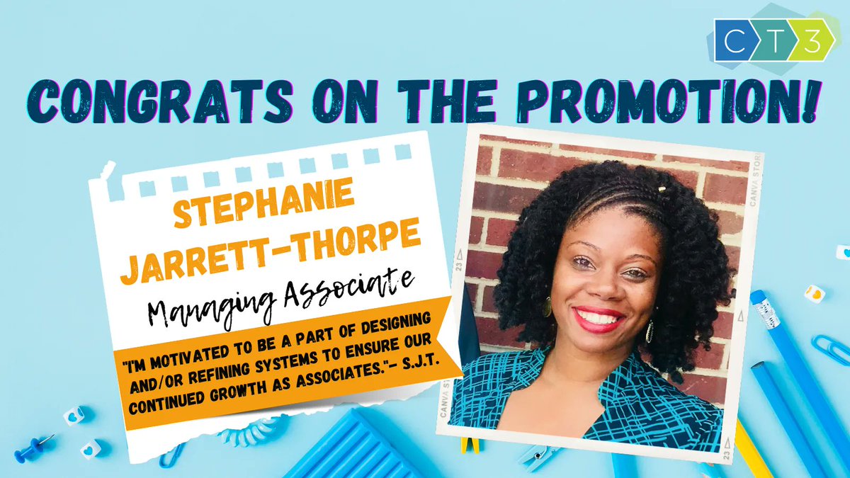 CT3Education's tweet photo. Congrats to Stephanie Jarrett-Thorpe on becoming a Managing Associate! Your attention to detail & creative ideas are such assets.
Read about all of the promotions and positions here: https://t.co/hHCvGAIRVk
#team #promotingfromwithin #promotions #CT3Ed #MakeItHappenMonday https://t.co/CHT2A5qnrY