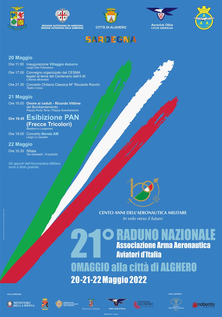 assoaeroarma's tweet photo. Ecco la #locandina ufficiale del XXI #Raduno Nazionale dell'Associazione Arma Aeronautica - #AviatoridItalia, 20-21-22 Maggio 2022! Ringraziamo i ragazzi del Liceo Artistico Francesco Costantino di #Alghero per averne realizzato il graphic design!
#AAA70 #AeronauticaMilitare100 https://t.co/gmNhlVerI0