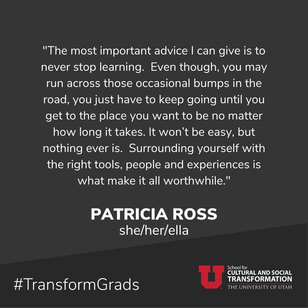uofutransform's tweet photo. SPECIAL S/O to our very own Patricia Ross! You did it!! &amp; We are so proud to have had you! Swipe for some great advice for those on their academic journeys. #UtahGrad22 #TransformGrads https://t.co/H5lbfGp7QK