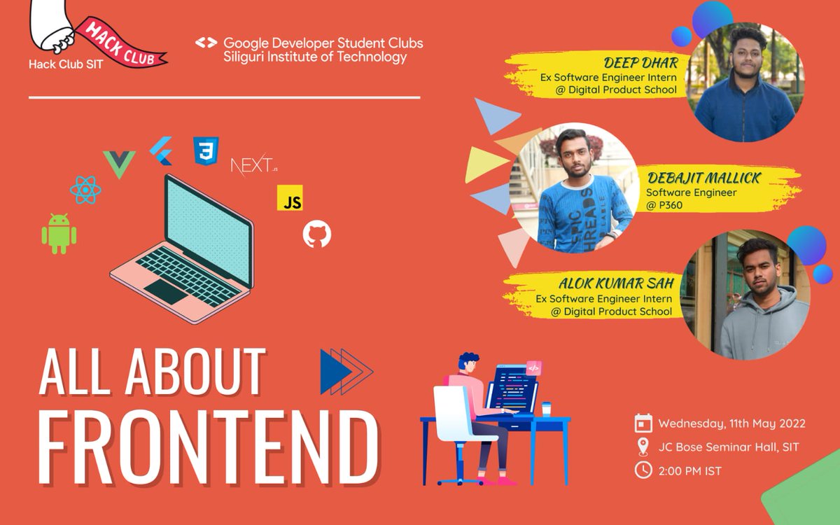 gdsc_sit's tweet photo. Hack Club SIT and Google Developer Student Clubs SIT are hosting an offline Chill Session on "Front-end Development" - All About Frontend 🍃

Register yourself and get some surprise: https://t.co/xYTM2VAD1d

Date: 11th May, Wednesday
Time: 2PM IST
Venue: JC Bose Seminar Hall, SIT https://t.co/H9Y5Ep40ks