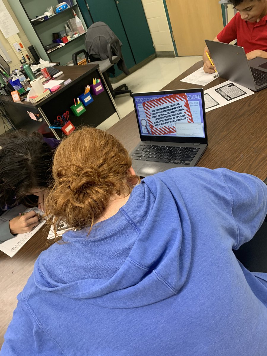 Mrs_ParsonsSA's tweet photo. Murder mystery review before STAAR this week! Reviewing and using some critical thinking skills to solve the murder! #skyhawkpride #gt https://t.co/dvWQXdTXlV