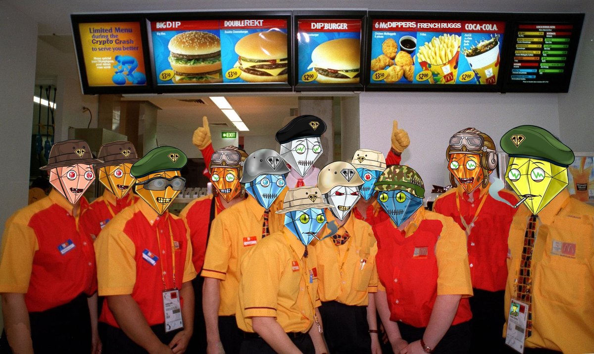 Ralph93_'s tweet photo. 22 Jun 2021: The McDonalds #GGSoldiers crew with @GollumsGems at the launch of the new McDonalds restaurant in the casual dining section of the Crypto Brokens Village after they decided to start thier Mac-2-Earn protocol during the crypto market crash.
#GGArmy #DipBurger #BigDip https://t.co/vXTiAqoFZ1