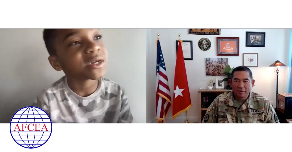 AFCEA's tweet photo. SIGNAL Kids: Reporting for duty! 8-year-old Micah Watson had the chance to interview Maj. Gen. @GarrettYee, USA, as kid reporter for our upcoming July issue. Stay tuned! #STEMeducation #AFCEA https://t.co/QcIu37ou10