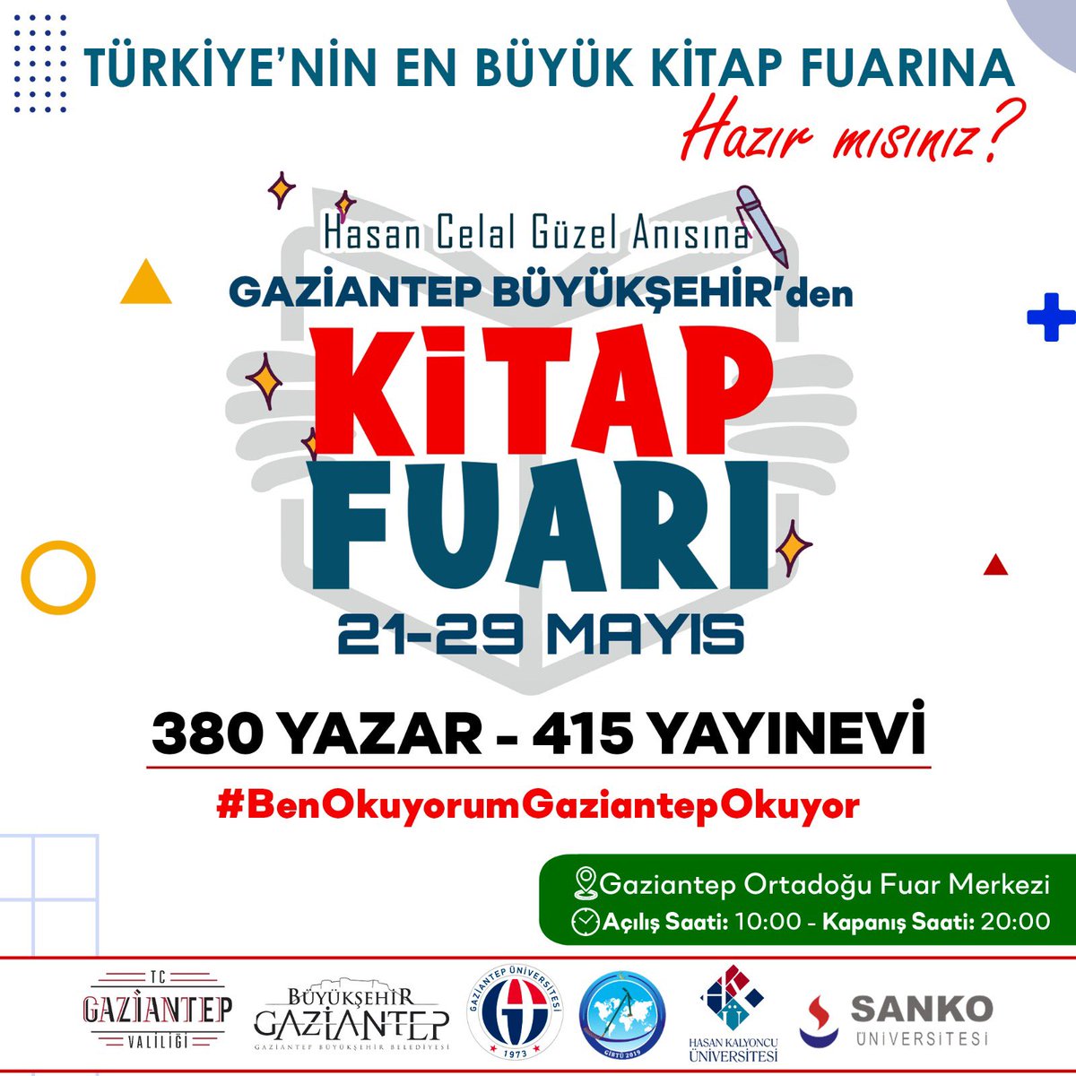 📢 ÇEKİLİŞ ZAMANI
Türkiye’nin en büyük kitap fuarı Gaziantep’te açılıyor. Ben de bu vesileyle kitap hediye etmek istiyorum.
Bu gönderiyi RT edip gönderiye bir arkadaşını etiketleyen ve hesabımı takip eden 5 kişiye 2’şer adet imzalı kitap göndereceğim. 
Bol şans🤞
<a href="/gkitapfuari/">Gaziantep Kitap Fuarı</a>