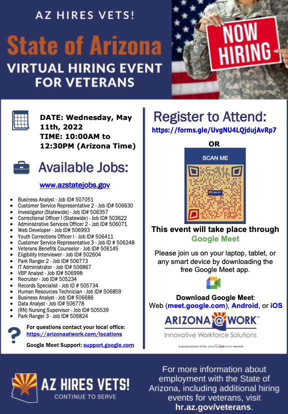 9thFloorAZ's tweet photo. Don’t miss this opportunity! There is another AZHiresVets! virtual hiring event on May 11! There’s something for every veteran who wants to work for the State of Arizona. Learn more about AZ’s agencies, boards and commissions and register to attend here: https://t.co/KmofQCyX3C https://t.co/pvDb1PmWSq