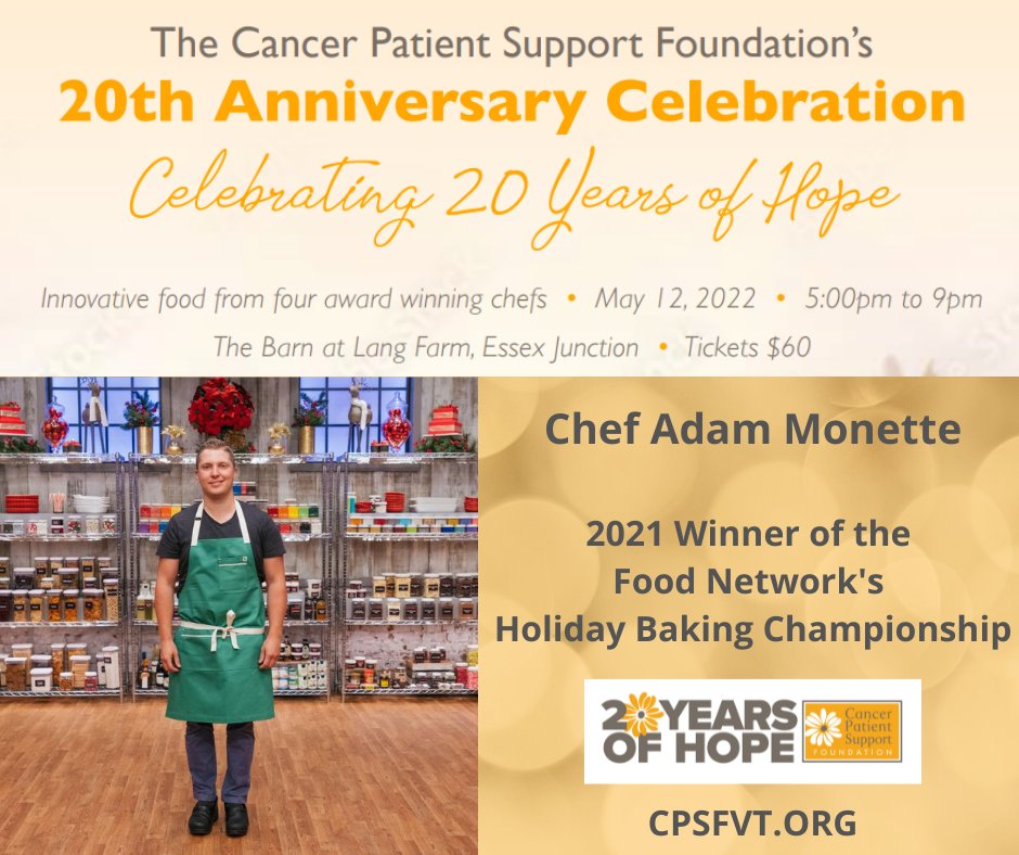 CPSFVT's tweet image. Only a few tickets left to the Cancer Patient Support Foundation's 20th Anniversary Celebration on May 12th at the Barn at Lang Farm in Essex Junction. Buy today, this will be sold out and tickets will not be available at the door, cpfvt.org