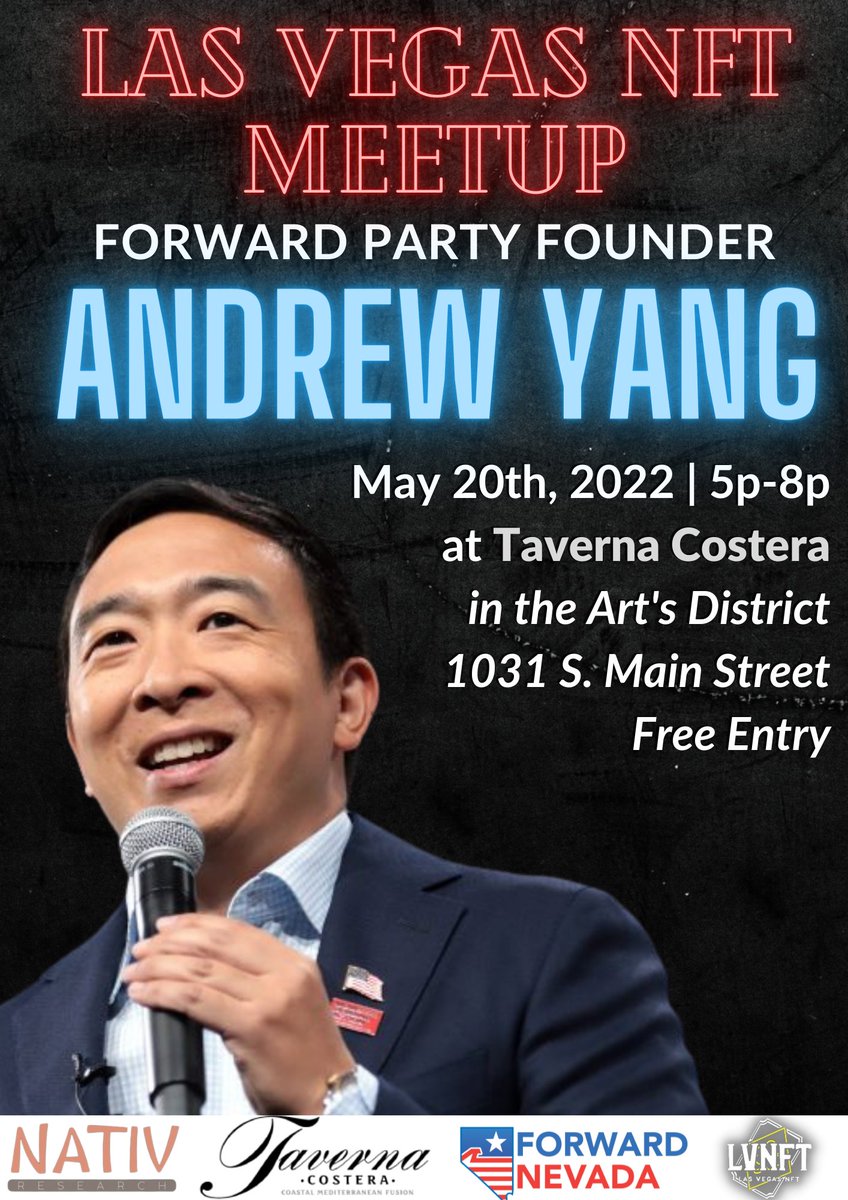 Jakegallen's tweet photo. Markets may be imploding but at least we get to hangout with @AndrewYang next Friday at @TavernaCostera with the local @LasVegasNFT community! Free entry and open to anybody who's interested. HMU for more details and sign up link is posted below👇 https://t.co/PuobvziJ6d