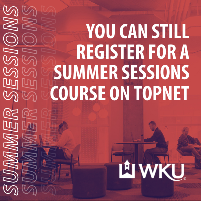 wku's tweet photo. It's not too late! You can still register for a WKU Summer Sessions course on TopNet.
Choose from May 31, June 6, July 5, or July 11 to start your Summer 2022 classes.
Explore available classes at https://t.co/rppuFhiQmG
#WKU #ClimbWithUs #WKUSummer https://t.co/0MShBgBnTN