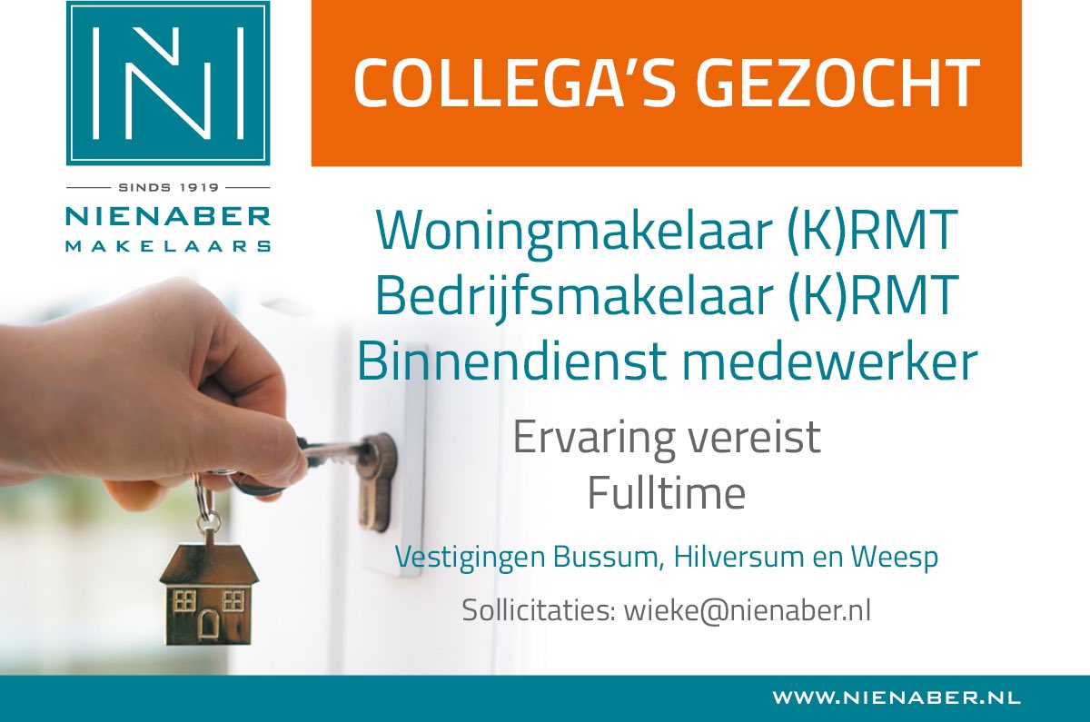 NienaberBOG's tweet photo. Team van Nienaber zoekt versterking. 
Iets voor jou?

Kijk voor meer info over deze #vacatures op deze links:
https://t.co/ikziRpMvv1 

https://t.co/FHFTP24Fso

https://t.co/SLIBjJmxZW  #makelaar #nienaber #bussum #hilversum #weesp #vastgoed #binnendienstmedewerker https://t.co/UffNezUqa9