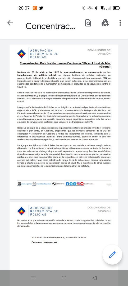 Una vez más <a href="/ARPolicias/">SRP | Sindicato Reformista de Policías</a> fue primera en acudir a  Autoridades Gobierno en Cataluña y a
 <a href="/info_dgp/">Dirección General de la Policía</a> exigiendo igualdad trato en vacunación COVID-19. En  Comisaría Lloret de Mar,se centralizó el operativo sindical. La prensa fue testigo de nuestra demanda,ahora SUPREMO confirma !