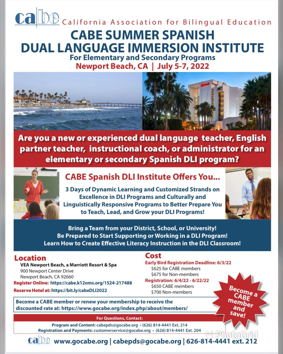 CABEBEBILINGUAL's tweet photo. REGISTRATION OPEN! Join us in Newport Beach for the CABE SUMMER SPANISH DLI INSTITUTE on July 5-7, 2022. View/Download flyer to learn more and register: https://t.co/5aX1bKf6oL 

#DLI #spanishDLI #professionaldevelopment #professionallearning #duallanguage #CABE #summerinstitute https://t.co/3p7U23ub7G