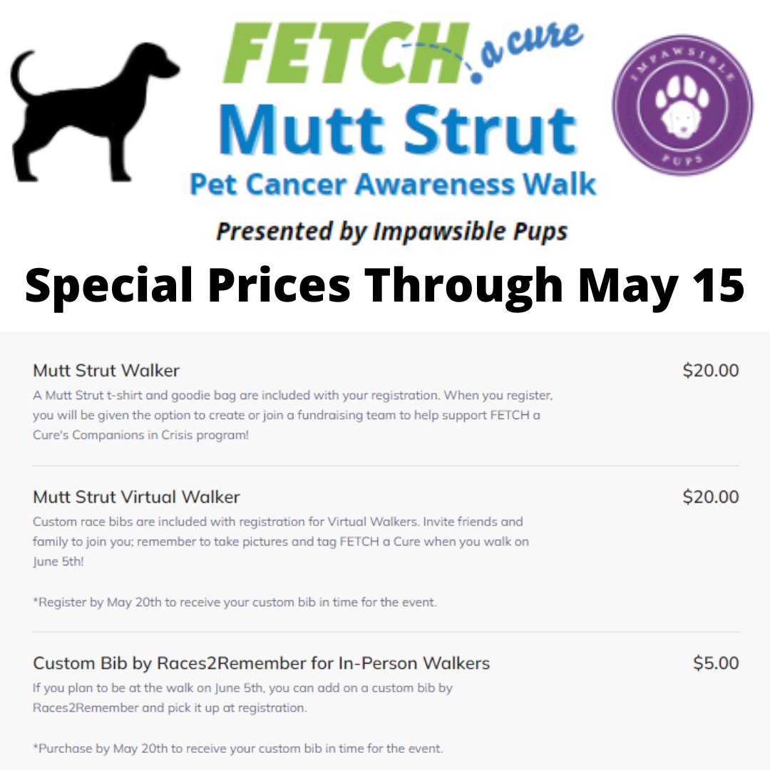 Today through May 15th, the cost of Mutt Strut registration has been reduced to $20 and the price for a custom bib for in-person walkers is only $5! 

A free t-shirt and goodie bag will be given out to the first 200 registered walkers at the event!

ow.ly/qalC50J3eEo