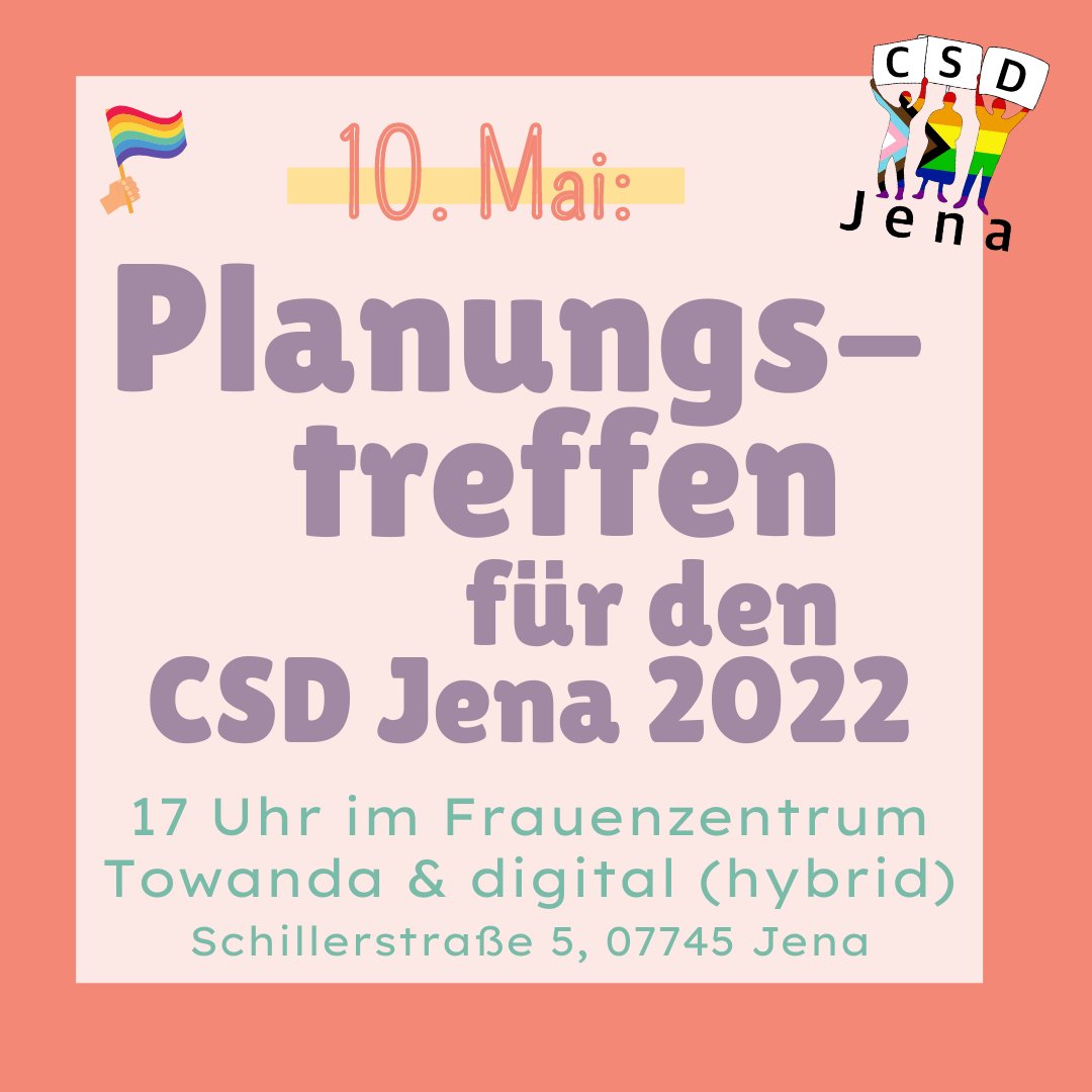 🏳️‍🌈 Weiter geht's! Bis zum <a href="/CSD_Jena/">CSD Jena</a> (30.07.2022) ist noch viel zu tun.

Morgen, 17 Uhr, Frauenzentrum Towanda: Nächstes Planungstreffen. Sei dabei, wenn über das diesjährige Motto diskutiert wird! 💬

#CSDJena #CSDThüringen #VielfaltInThüringen