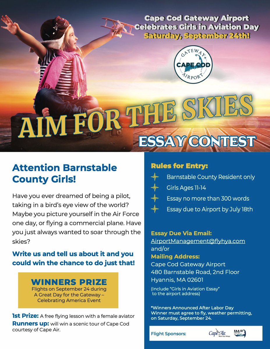 Interested in winning an incredible opportunity to experience the ins and outs of aviation? Cape Cod Gateway Airport is giving away a chance for one female (aged 11-14) to win a free flying lesson with a female aviator. Want to learn more? See the flyer attached for details!